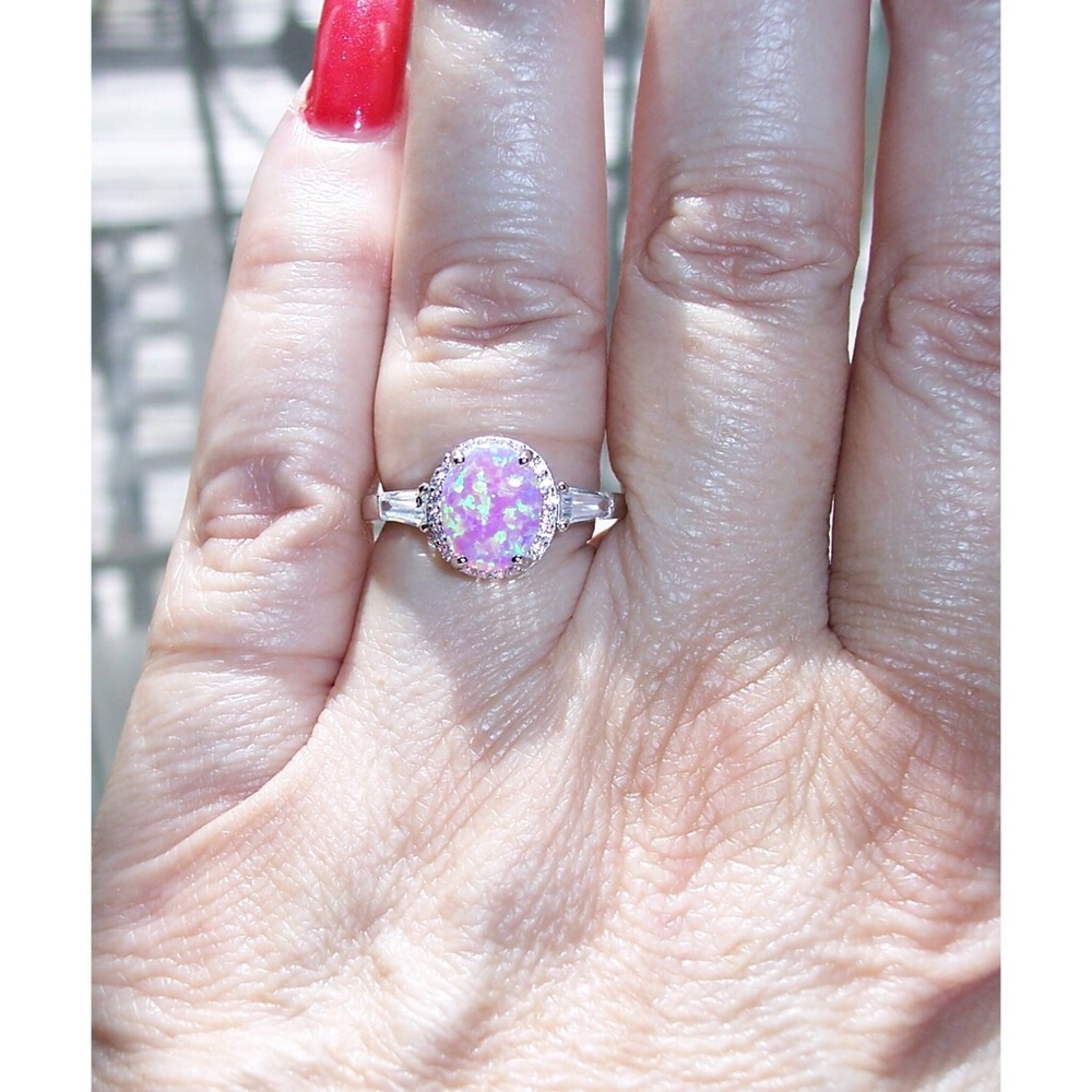 925 STERLING SILVER Lab Created Pink Opal CZ Ring - Picture 3 of 16